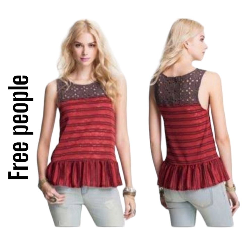 Free People Molly's Retro Lace Peplum Boho Blouse sz small